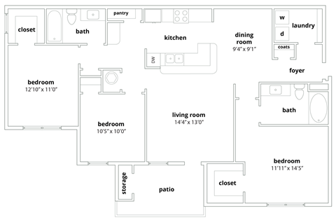 C1 Floorplan 1277 sq ft at Walden Oaks Apts in Anderson, SC 29625